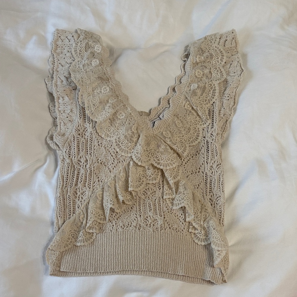 Zara Beige Lace Ruffle Blouse sz L